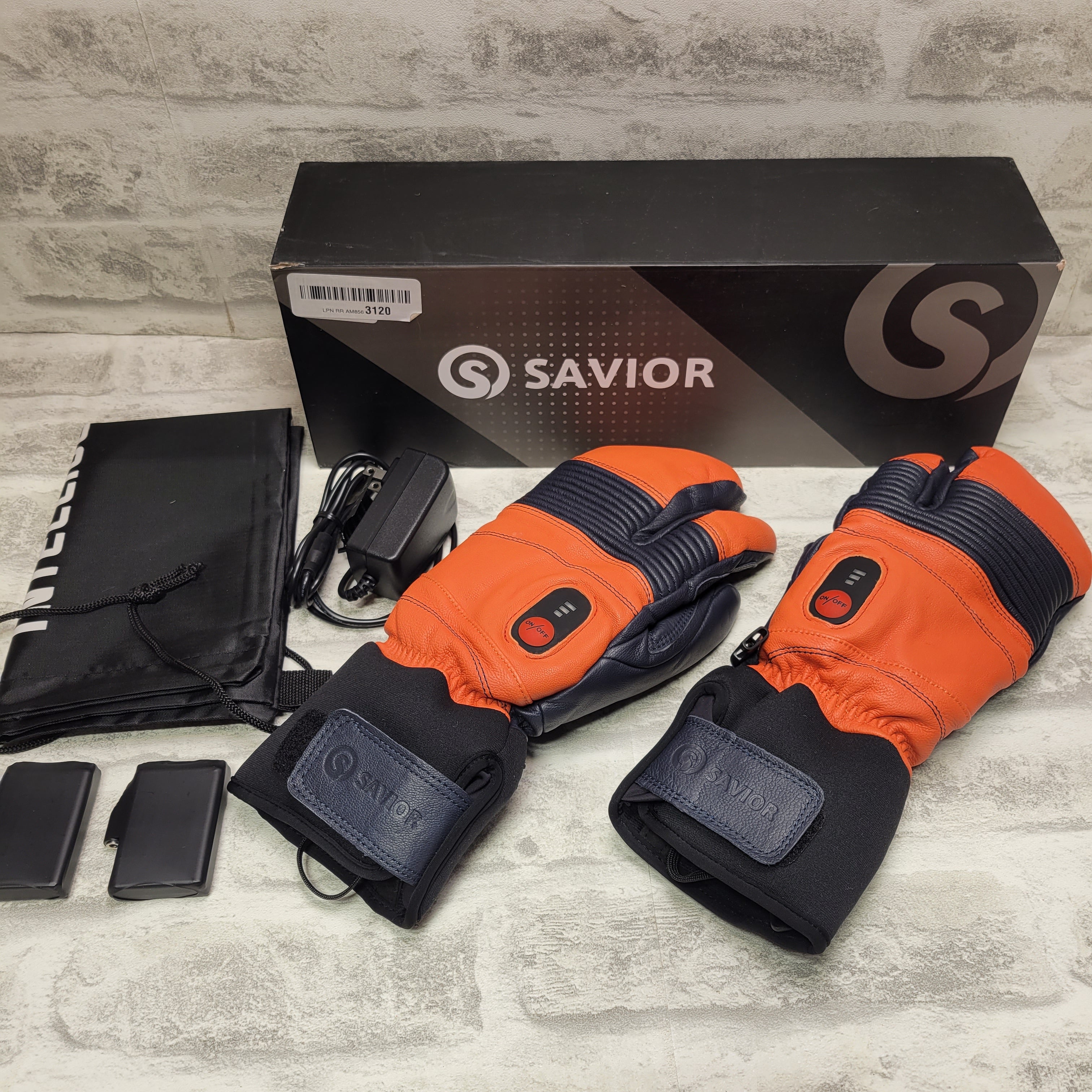 SAVIOR HEAT Heated Ski Mittens Leather Thick Gloves, Orange/Navy, Large (7618419032302)